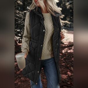 Pocketed Zipper and Button Puffy Vest Coat